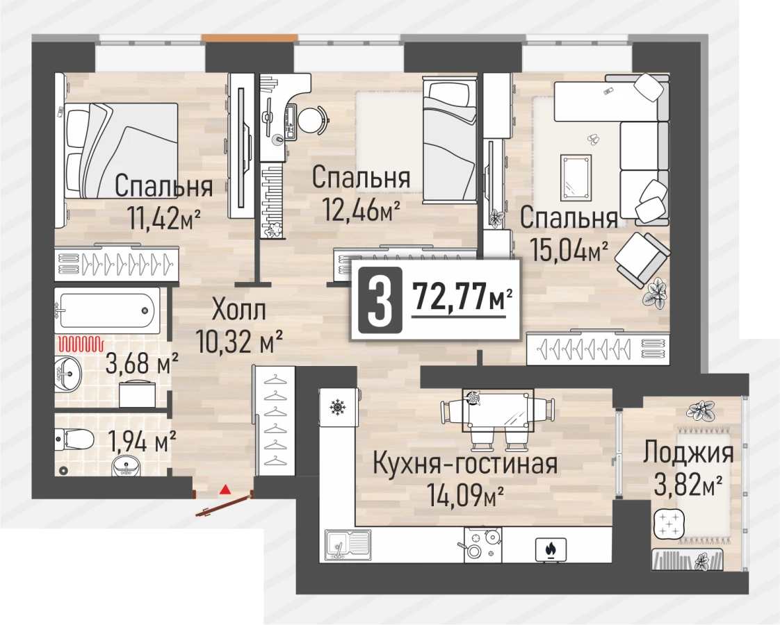 Трехкомнатная квартира в Рязани площадью 72.77м2